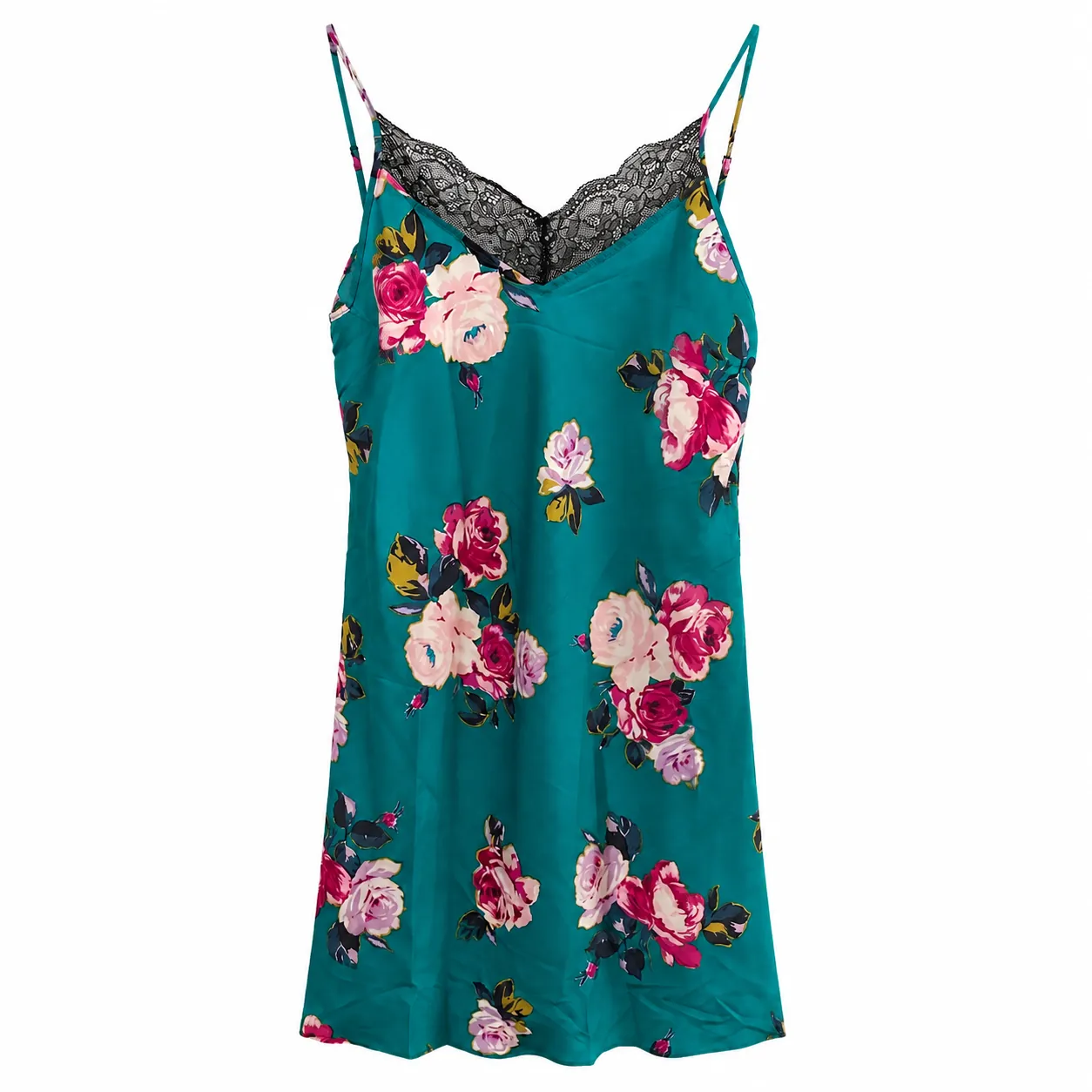 Teal Floral Printed Chemise - Black Lace